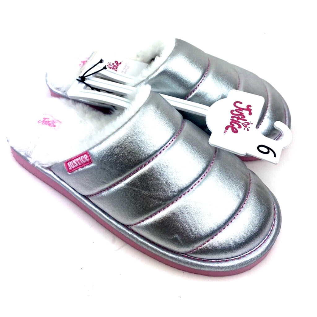 Girls Slipper Shoes Size 6 Silver Faux Fur Justice Children Youth Kids Footwear